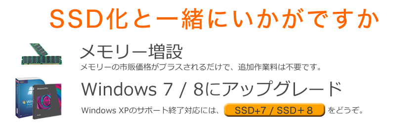SSD化と一緒にメモリー増設とWindows 7化もどうぞ SSD換装・交換 例:DDR3 SDRAM × 2 + 作業手数料 = 7,000円程度 例:Windows 7 Professionalアップグレード正規版 + 作業手数料 = 41,000円程度